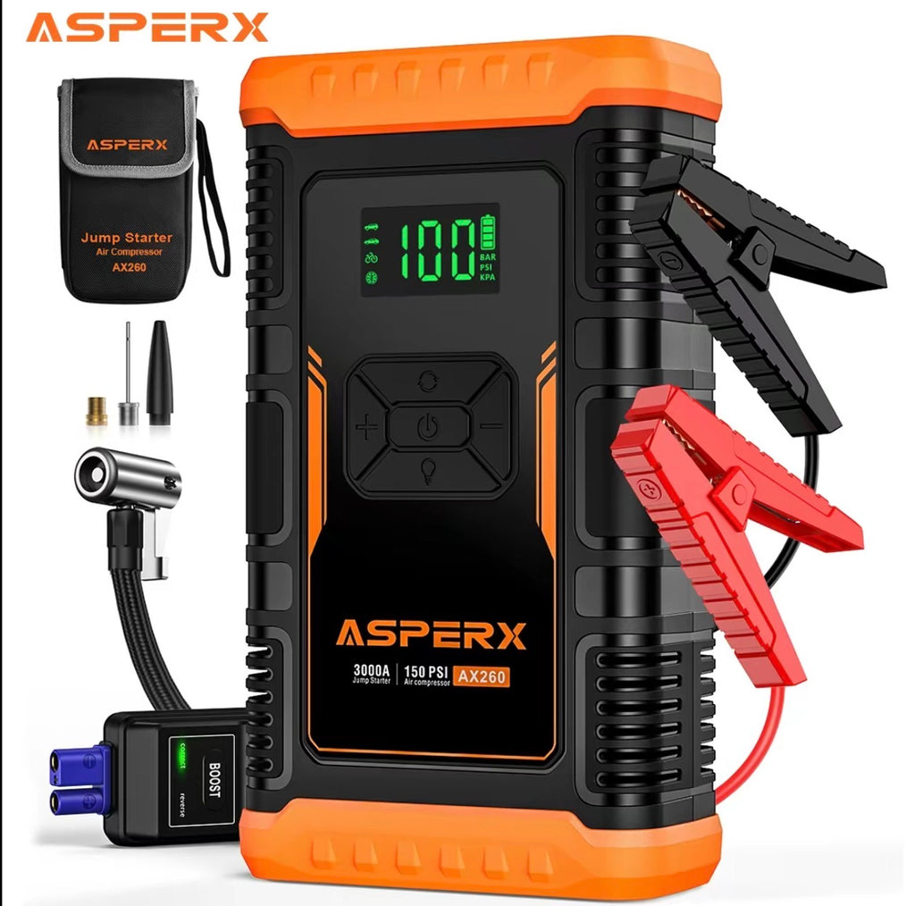 AsperX AX260 Jump Starter with Air Compressor 3000A/150 PSI CAr Battery Jump Starter, 12V Jumper Box Portable with Tire Inflator for TRuck, Vehicle