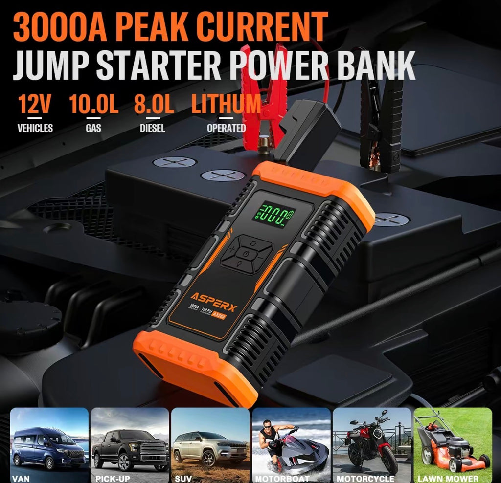 AsperX AX260 Jump Starter with Air Compressor 3000A/150 PSI CAr Battery Jump Starter, 12V Jumper Box Portable with Tire Inflator for TRuck, Vehicle