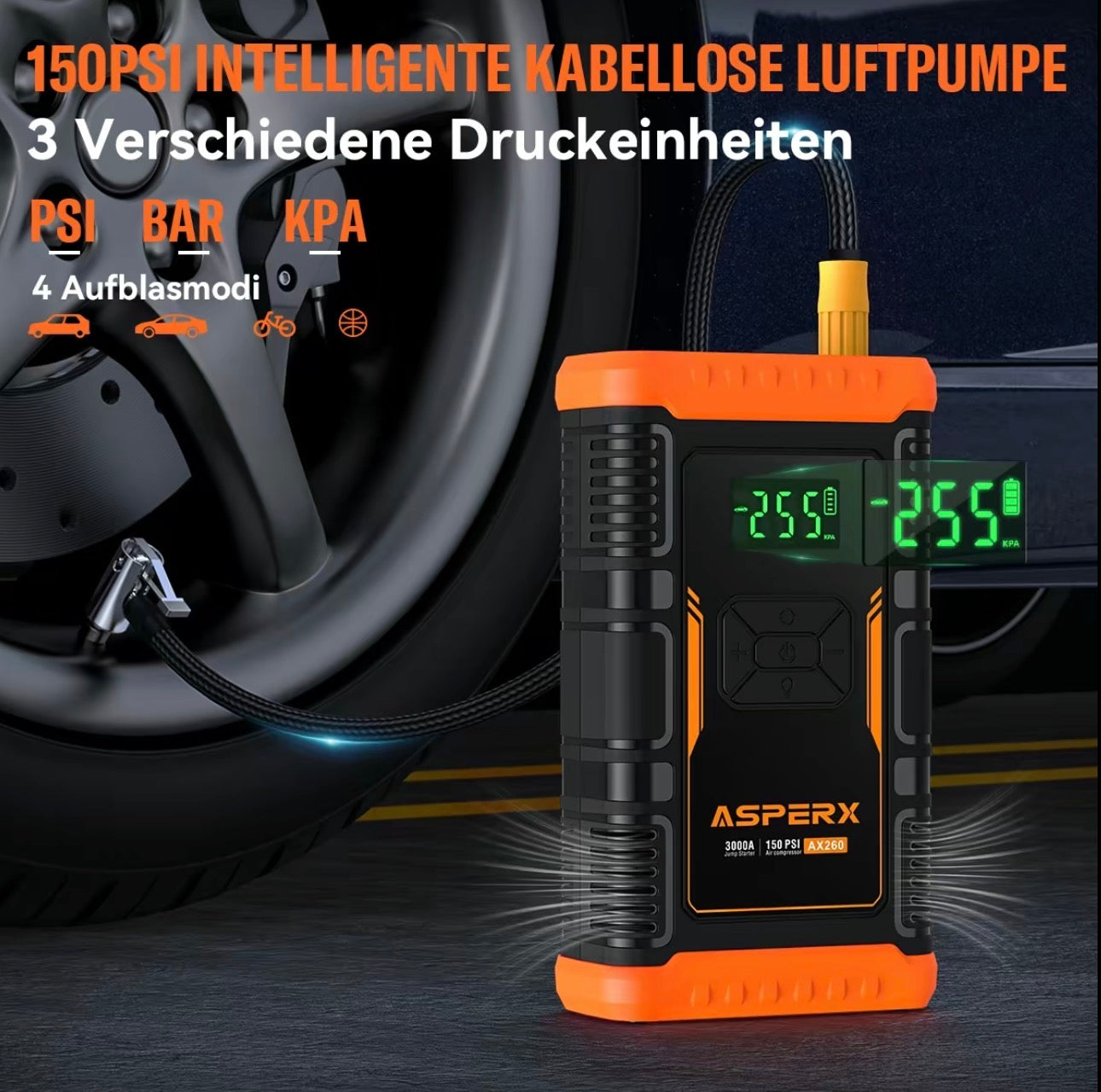 AsperX AX260 Jump Starter with Air Compressor 3000A/150 PSI CAr Battery Jump Starter, 12V Jumper Box Portable with Tire Inflator for TRuck, Vehicle