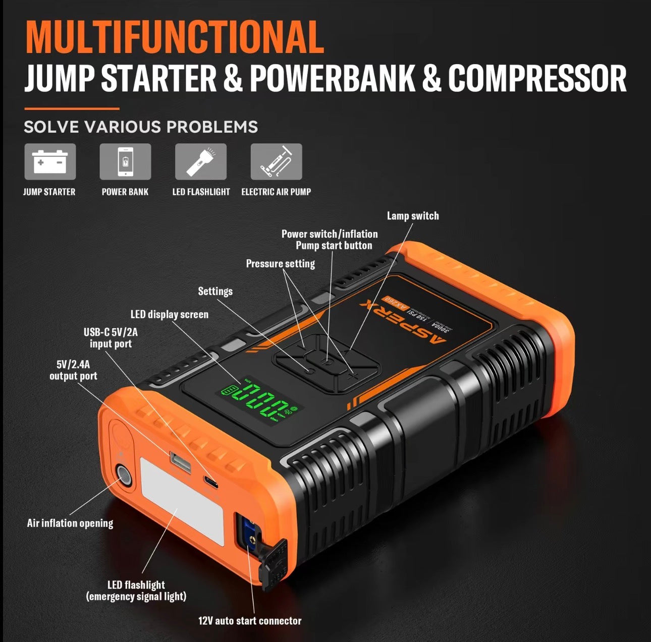AsperX AX260 Jump Starter with Air Compressor 3000A/150 PSI CAr Battery Jump Starter, 12V Jumper Box Portable with Tire Inflator for TRuck, Vehicle