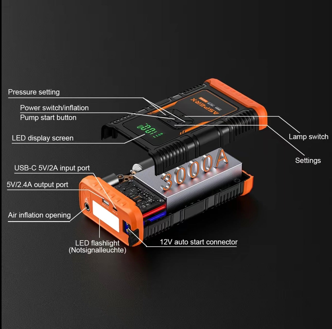 AsperX AX260 Jump Starter with Air Compressor 3000A/150 PSI CAr Battery Jump Starter, 12V Jumper Box Portable with Tire Inflator for TRuck, Vehicle