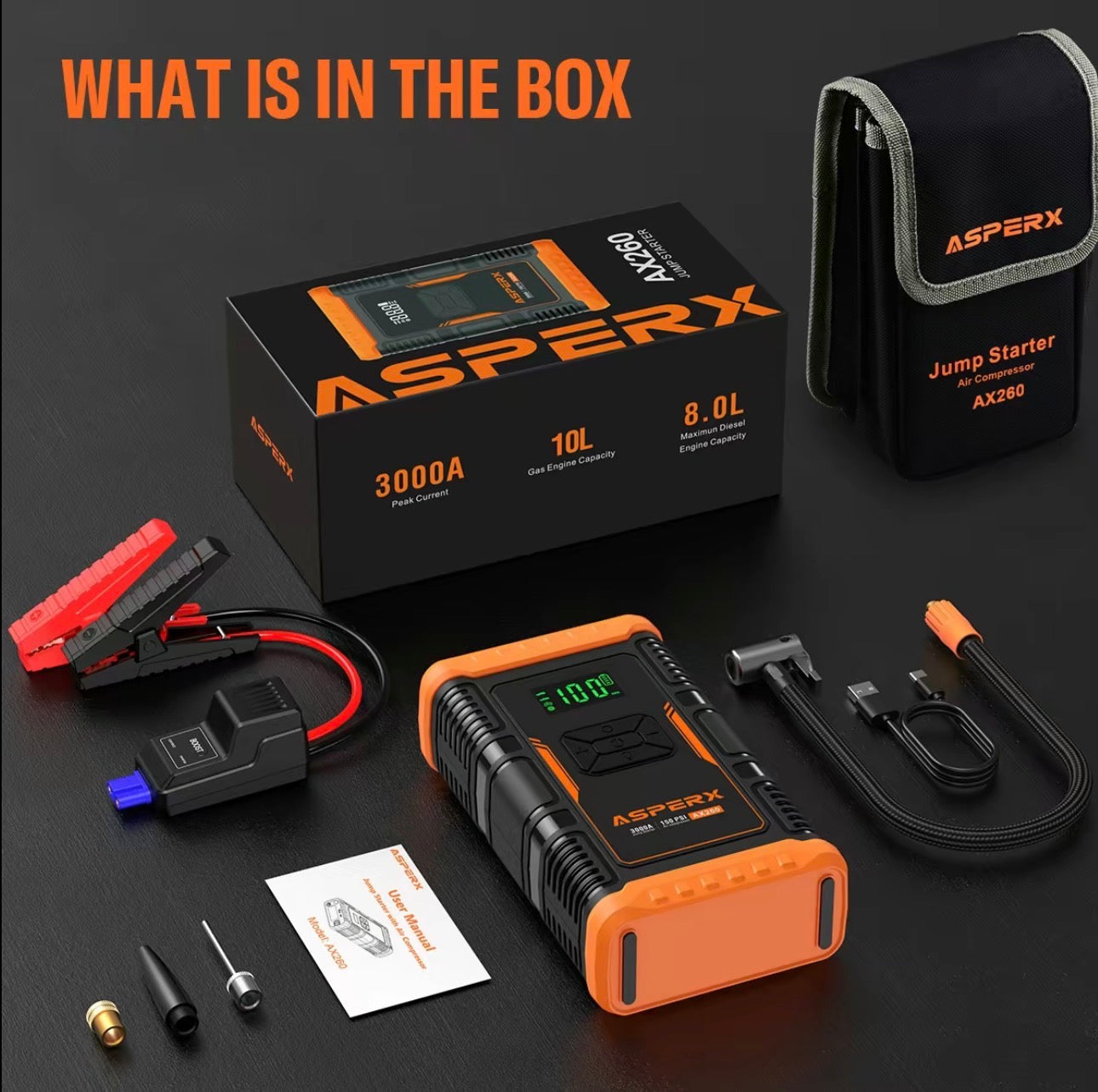 AsperX AX260 Jump Starter with Air Compressor 3000A/150 PSI CAr Battery Jump Starter, 12V Jumper Box Portable with Tire Inflator for TRuck, Vehicle